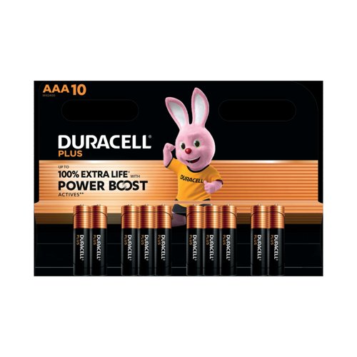 Duracell Plus AAA Battery Alkaline 100% Extra Life Power Boost (Pack of 10) 5016162+ Duracell Plus AAA Battery Alkaline 100% Extra Life Power Boost (Pack of 10) 5016162+