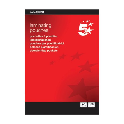 5 Star Office Laminating Pouches 150 Micron For A5 Gloss (Pack of 100) 5 Star Office Laminating Pouches 150 Micron For A5 Gloss (Pack of 100)
