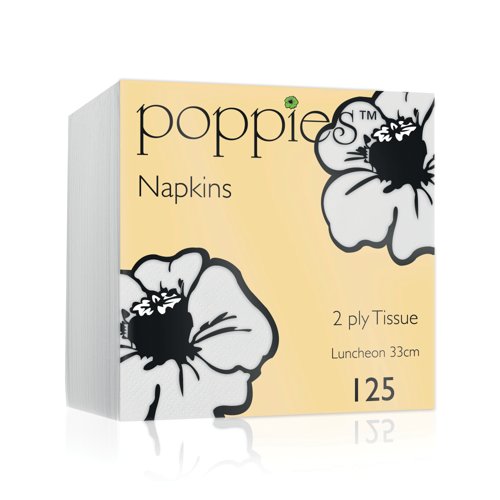 Poppies 2-Ply Tissue Napkins Luncheon 4 Fold White 33cm (Pack of 125) 3324WH Poppies 2-Ply Tissue Napkins Luncheon 4 Fold White 33cm (Pack of 125) 3324WH