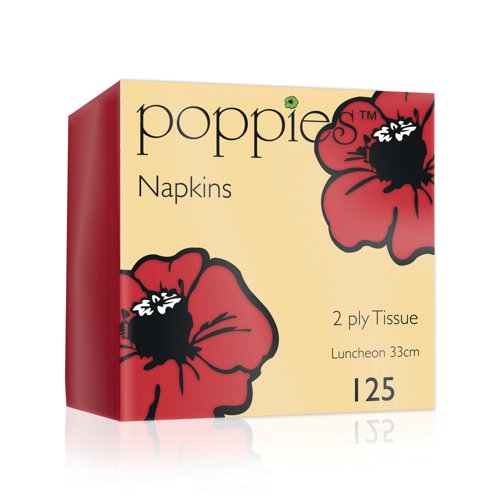 Poppies 2-Ply Tissue Napkins Luncheon 4 Fold Red 33cm (Pack of 125) 3324RD Poppies 2-Ply Tissue Napkins Luncheon 4 Fold Red 33cm (Pack of 125) 3324RD