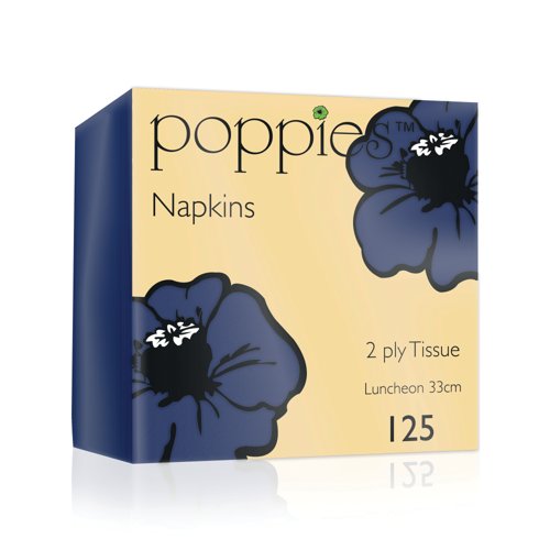 Poppies 2-Ply Tissue Napkins Luncheon 4 Fold Navy Blue 33cm (Pack of 125) 3324NB Poppies 2-Ply Tissue Napkins Luncheon 4 Fold Navy Blue 33cm (Pack of 125) 3324NB