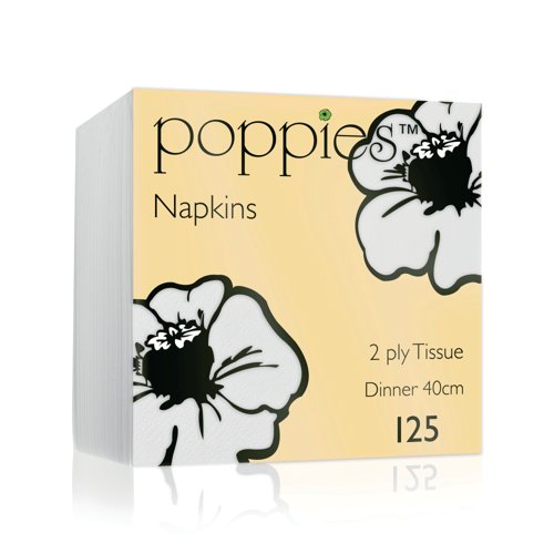 Poppies 2-Ply Tissue Dinner Napkins 4 Fold White 40cm (Pack of 125) 4024WH Poppies 2-Ply Tissue Dinner Napkins 4 Fold White 40cm (Pack of 125) 4024WH