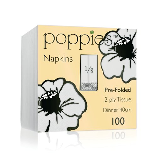 Poppies 2-Ply Tissue Napkins 8 Fold Pre-Folded White 40cm (Pack of 100) 4028WH Poppies 2-Ply Tissue Napkins 8 Fold Pre-Folded White 40cm (Pack of 100) 4028WH