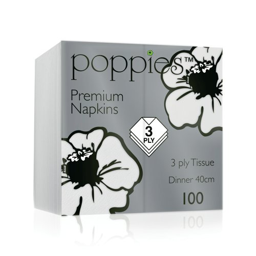Poppies Premium 3-Ply Tissue Dinner Napkins 8 Fold White 40cm (Pack of 100) 4038WH Poppies Premium 3-Ply Tissue Dinner Napkins 8 Fold White 40cm (Pack of 100) 4038WH
