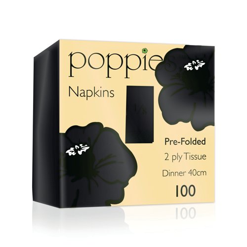 Poppies 2-Ply Tissue Dinner Napkins Pre-Folded Black 40cm (Pack of 100) 4028BK Poppies 2-Ply Tissue Dinner Napkins Pre-Folded Black 40cm (Pack of 100) 4028BK