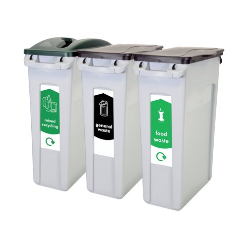 Rubbermaid Slim Jim 3-Stream Recycling Station General Waste/Mixed Recycling/Food Waste 2217670 Rubbermaid Slim Jim 3-Stream Recycling Station General Waste/Mixed Recycling/Food Waste 2217670