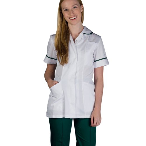 Work in Style Female Nursing Tunic White with Bottle Green Trim 48 Inch DVDTR/WHT/BOT/48 Work in Style Female Nursing Tunic White with Bottle Green Trim 48 Inch DVDTR/WHT/BOT/48