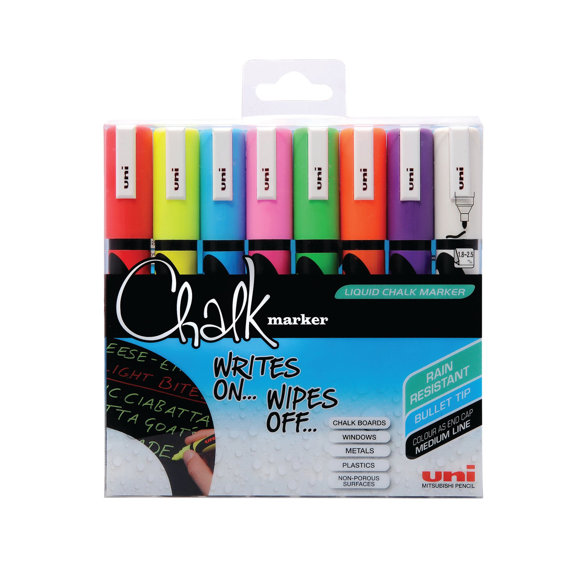 UNI CHALK MARKERS MEDIUM AST PK8