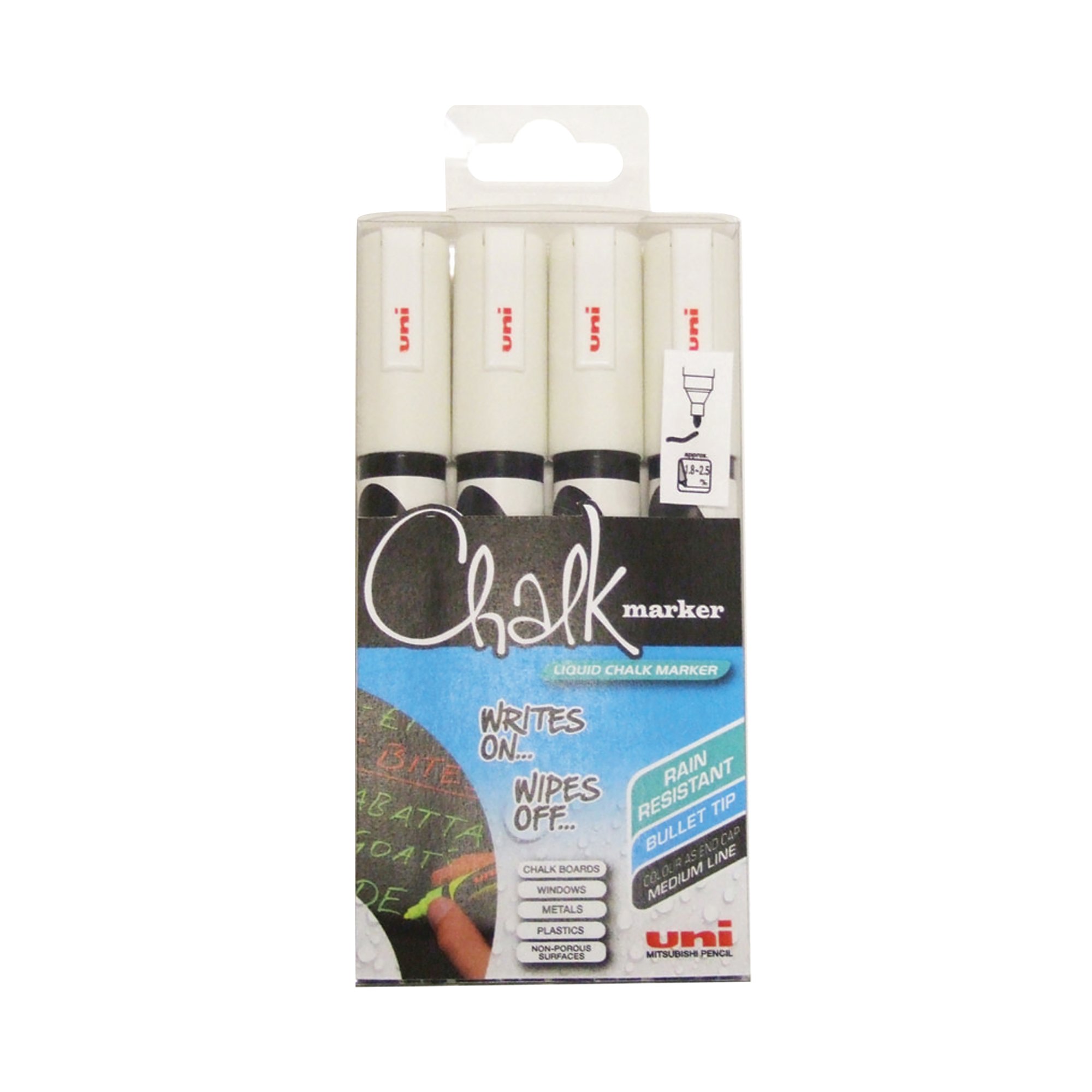 UNI CHALK MARKERS MEDIUM WHITE PK4