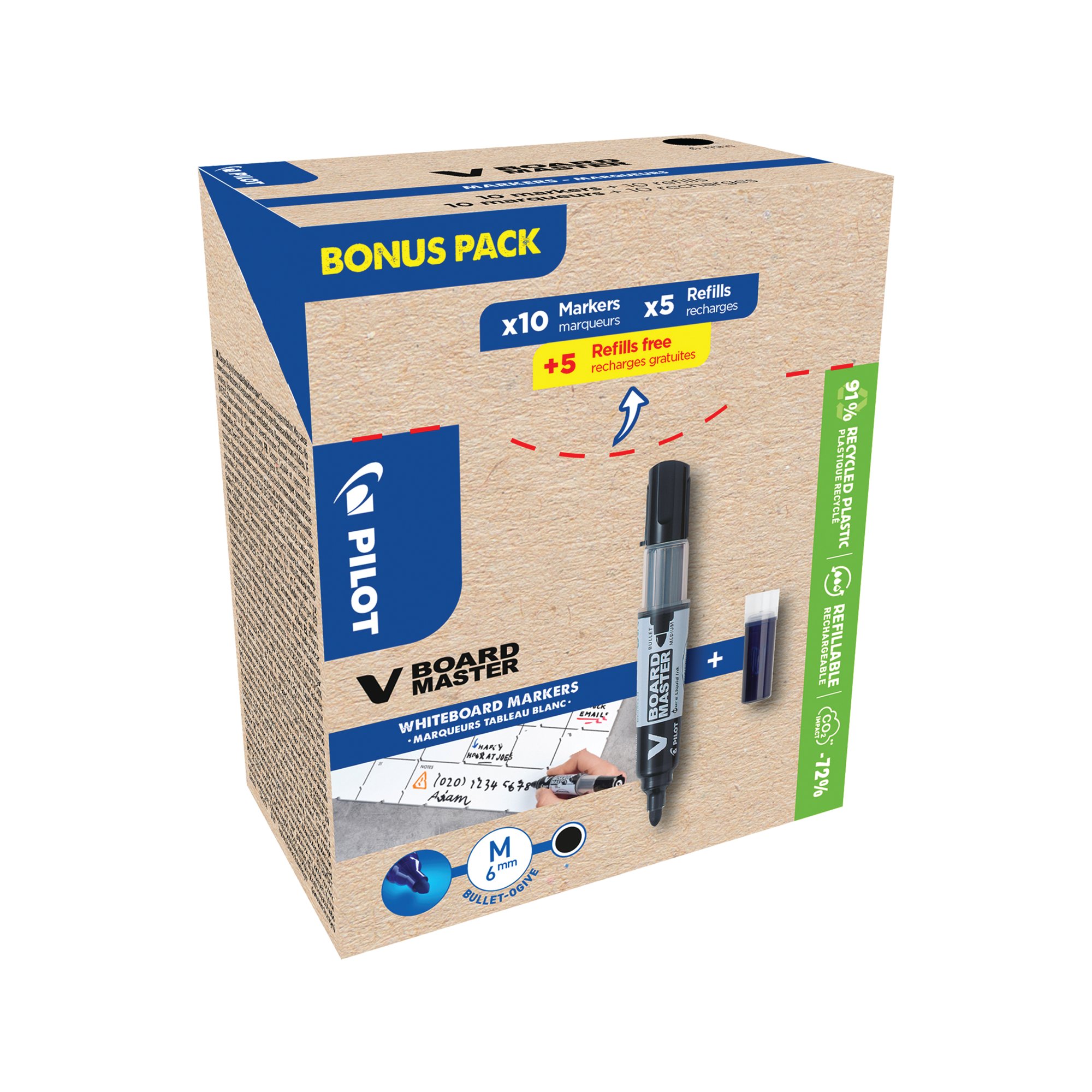PILOT 10 MARKERS+10 REFILLS BLK PK20