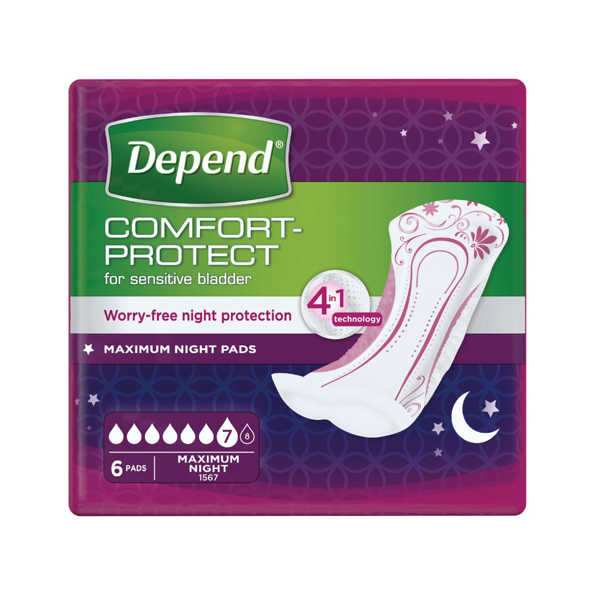 DEPEND COMFORT PRT MAX NIGHT PAD PK6