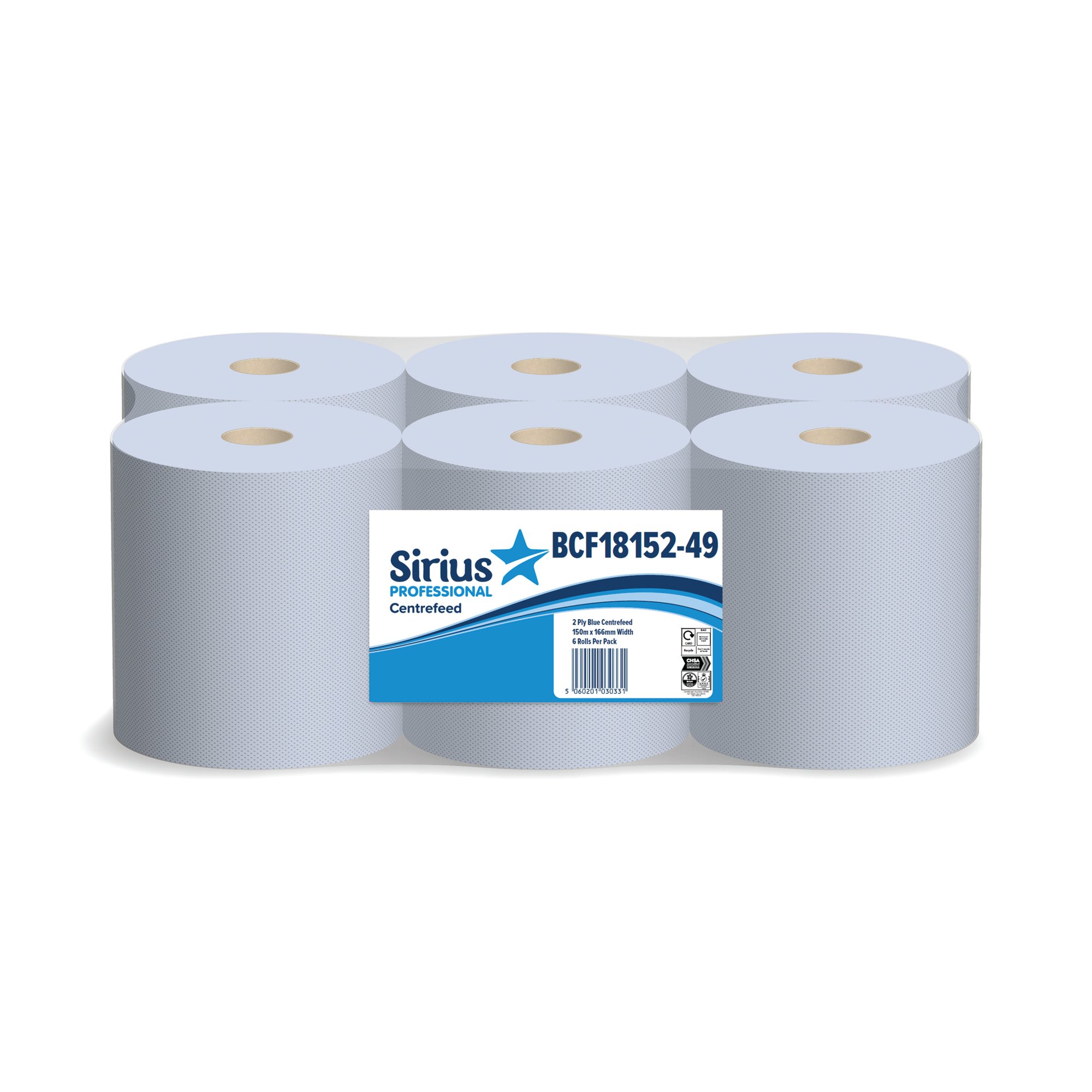 SIRIUS 2PLY CNTRFD ROLL 150M BLU PK6