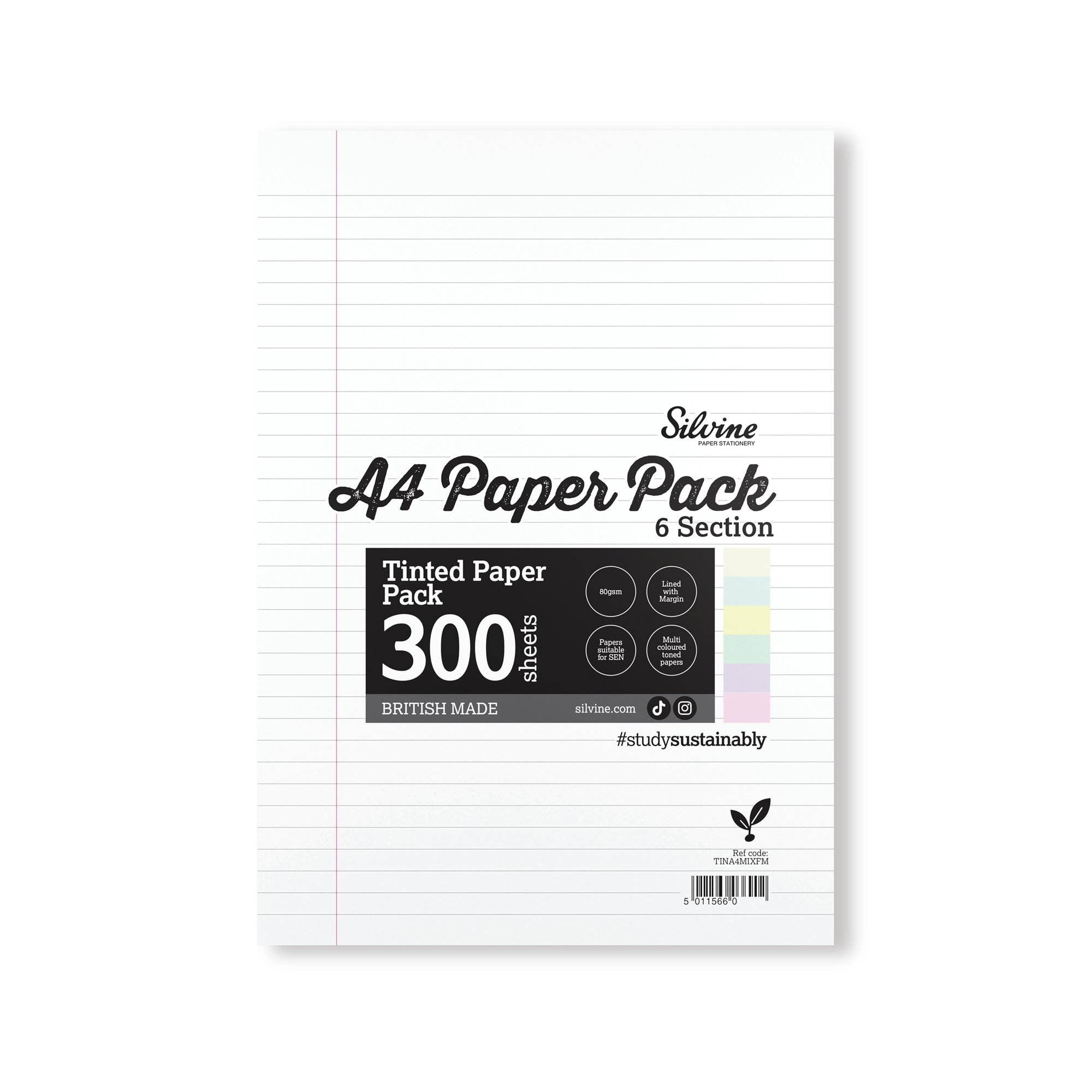 SILVINE TINT PAPER SEN RULED A4 PK5