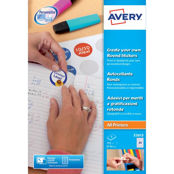 Avery Create Your Own Reward Stickers 8 Per Sheet Round 40mm (Pack of 192) E3613 Avery Create Your Own Reward Stickers 8 Per Sheet Round 40mm (Pack of 192) E3613