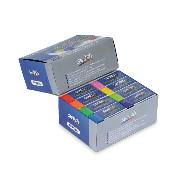 Swash Premium Pencil Erasers 8 Assorted Colours Pk32 Swash Premium Pencil Erasers 8 Assorted Colours Pk32
