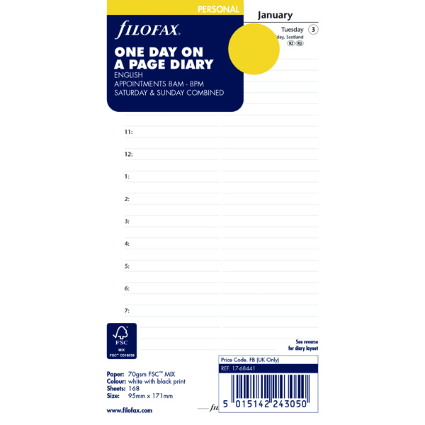 Filofax Personal Day Per Page Refill 2019 19-68441 Filofax Personal Day Per Page Refill 2019 19-68441