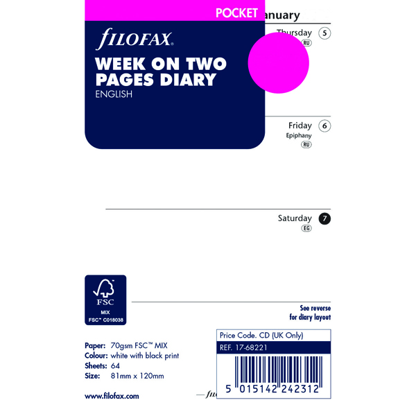 Filofax Pocket Week To View Diary Refill 2019 19-68221 Filofax Pocket Week To View Diary Refill 2019 19-68221
