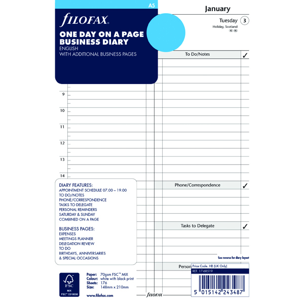 Filofax A5 Day/Page 2018 Refill 18-68519 Filofax A5 Day/Page 2018 Refill 18-68519