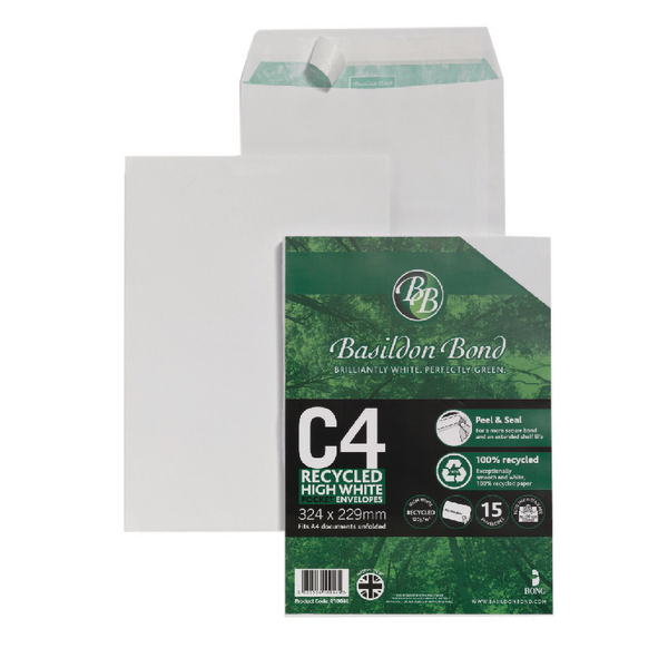 Basildon Bond Envelope C4 100gsm Peel and Seal Recycled Plain White Pack of 15 16-BUK-004 Basildon Bond Envelope C4 100gsm Peel and Seal Recycled Plain White Pack of 15 16-BUK-004