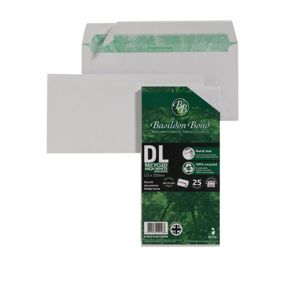 Basildon Bond DL 120gsm Peel and Seal Recycled Plain Envelope White (Pack of 25) 16-BUK-001 Basildon Bond DL 120gsm Peel and Seal Recycled Plain Envelope White (Pack of 25) 16-BUK-001