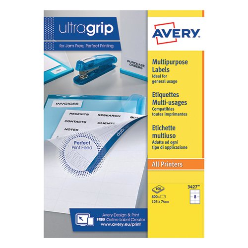 Avery Ultragrip Multi Labels 105x74mm 8 Per Sheet White (Pack of 800) DPS08-100