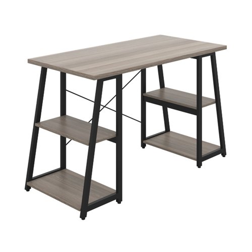 First Soho Desk with Angled Shelves 1300x600x770mm Grey Oak/Black KF90956