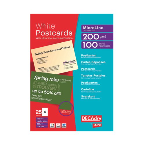 Decadry Postcards A4 Micro-perforated Sheet White (Pack of 100) OCB3325
