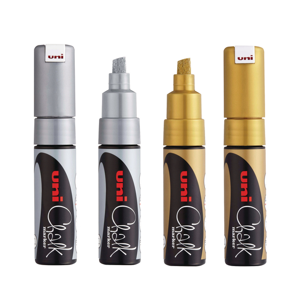 Uni Chalk Marker PWE-8K Chisel Tip Silver and Gold (Pack of 4) 153544895 Uni Chalk Marker PWE-8K Chisel Tip Silver and Gold (Pack of 4) 153544895